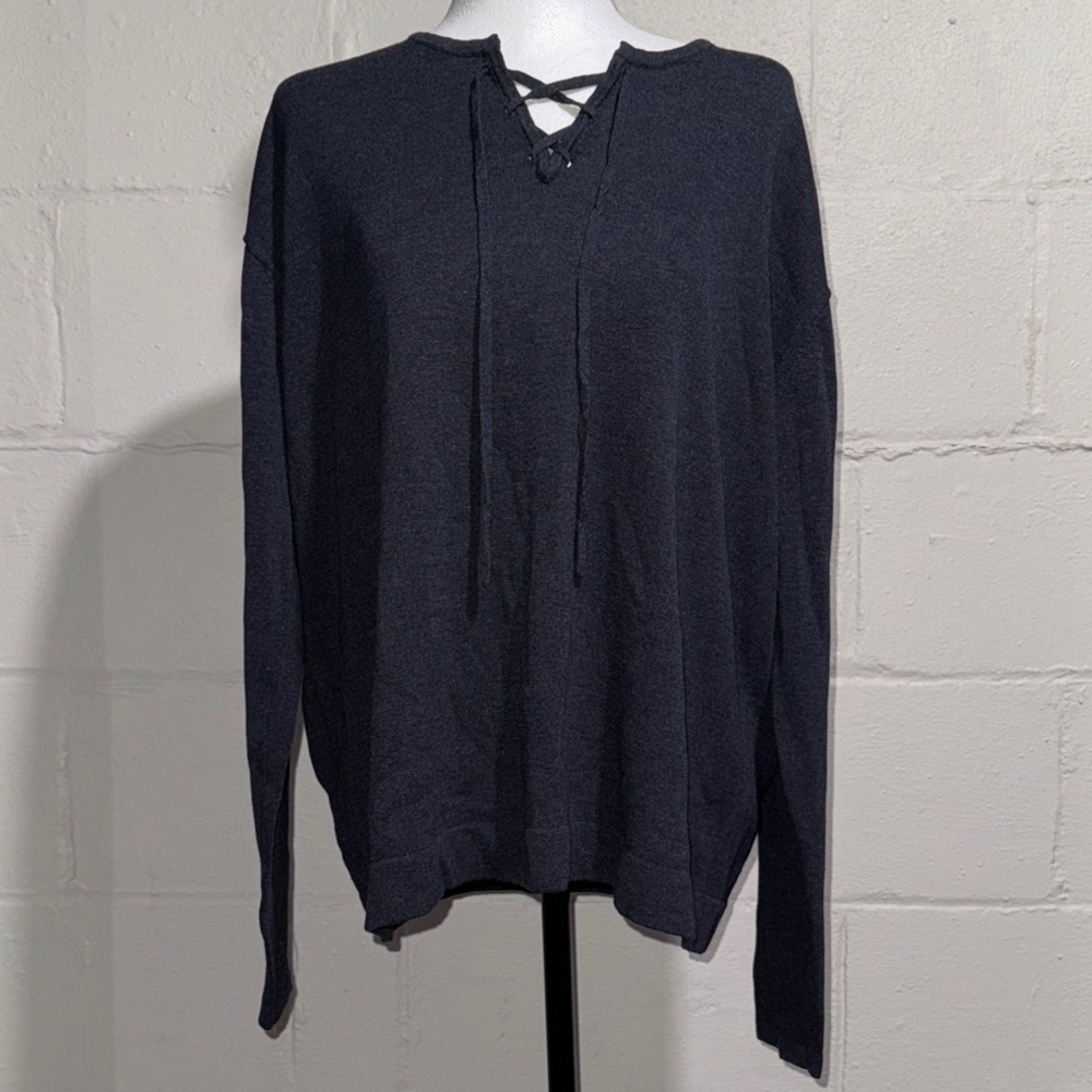J. Jill Women’s Black Cotton Modal Vneck Tie Long Sleeve Crewneck Sweater